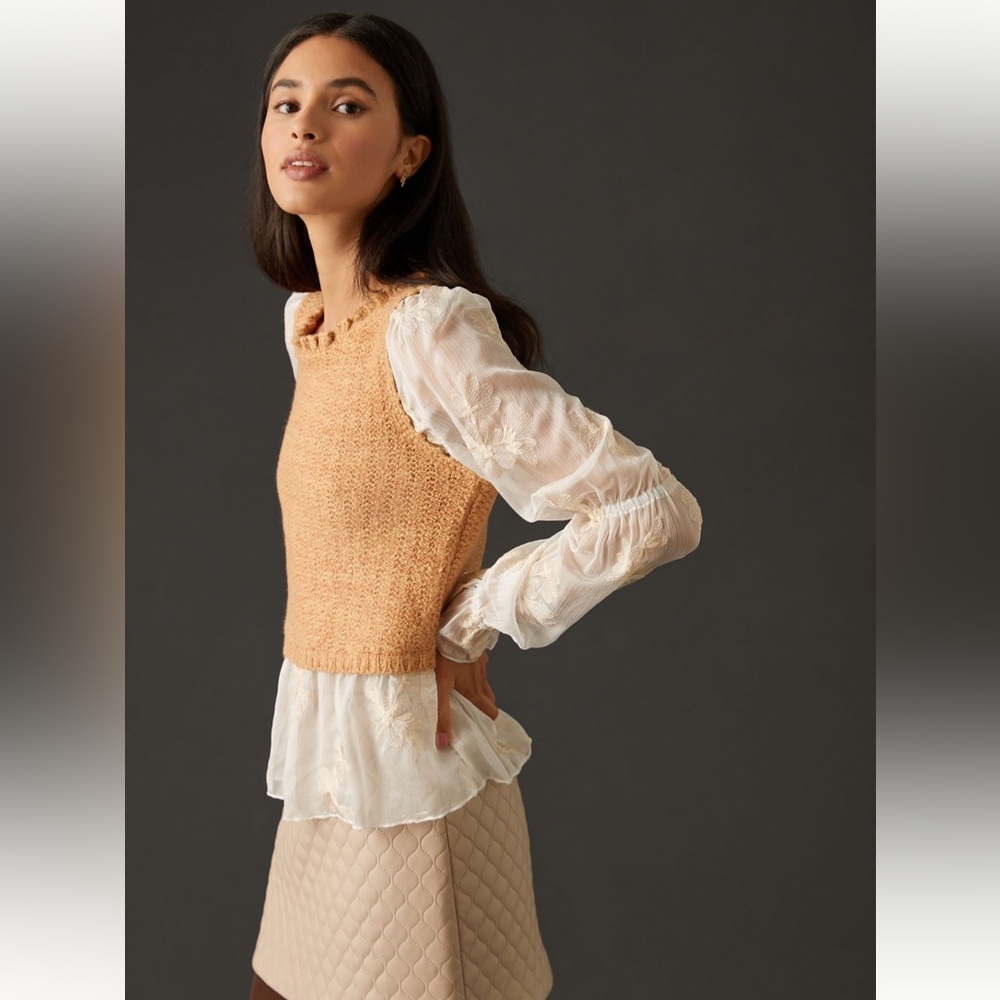 Anthropologie Layered Sweater Vest Knit Top Embroidered Sleeves Women Large - Picture 11 of 14